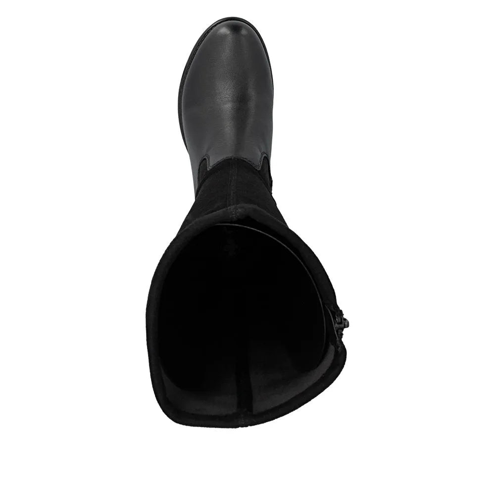 Rieker Z9551-00 women's black leather knee-high boots with side zipper, stylish and comfortable footwear.
