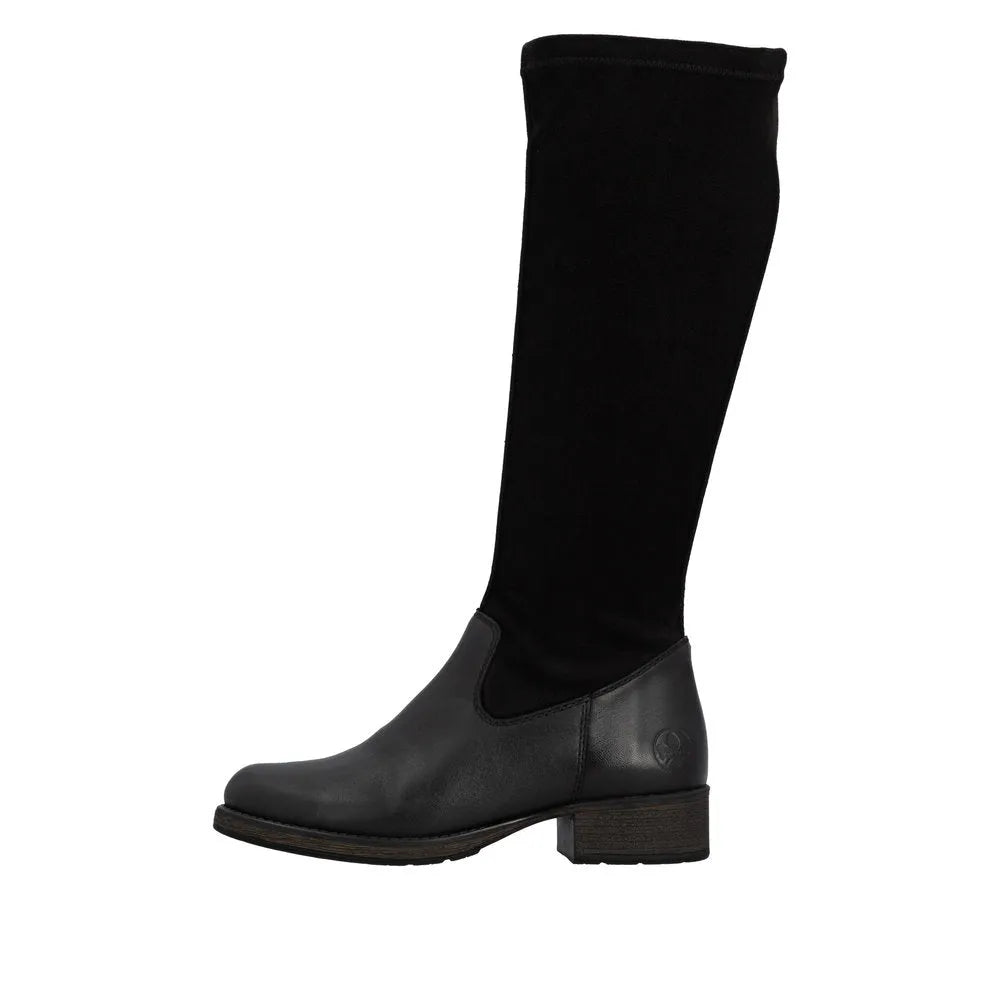 Rieker Z9551-00 women's black leather knee-high boots with side zip, block heel, and sleek design.