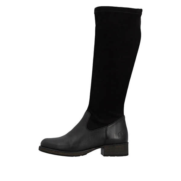 Rieker Z9551-00 women's black leather knee-high boots with side zip, block heel, and sleek design.