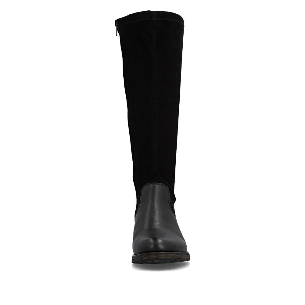 Rieker Z9551-00 women's black leather knee-high boots with side zipper, flat sole, stylish and comfortable for winter wear.