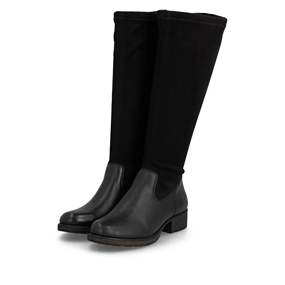Rieker Z9551-00 women's black leather knee-high boots with side zipper and chunky heel.