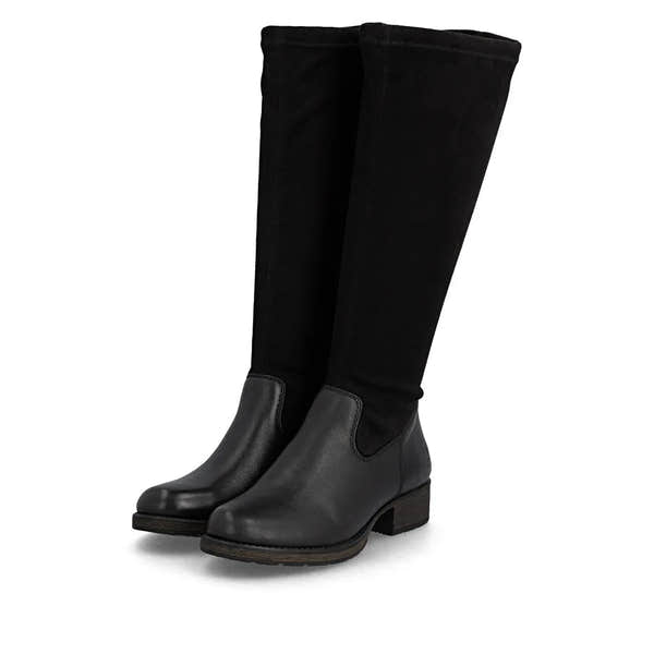 Rieker Z9551-00 women's black leather knee-high boots with side zipper and chunky heel.