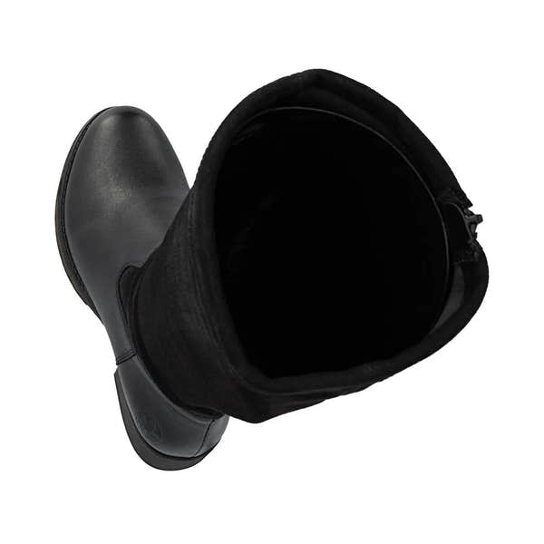 Rieker Z9551-00 women's black leather knee-high boots with side zipper and rounded toe.