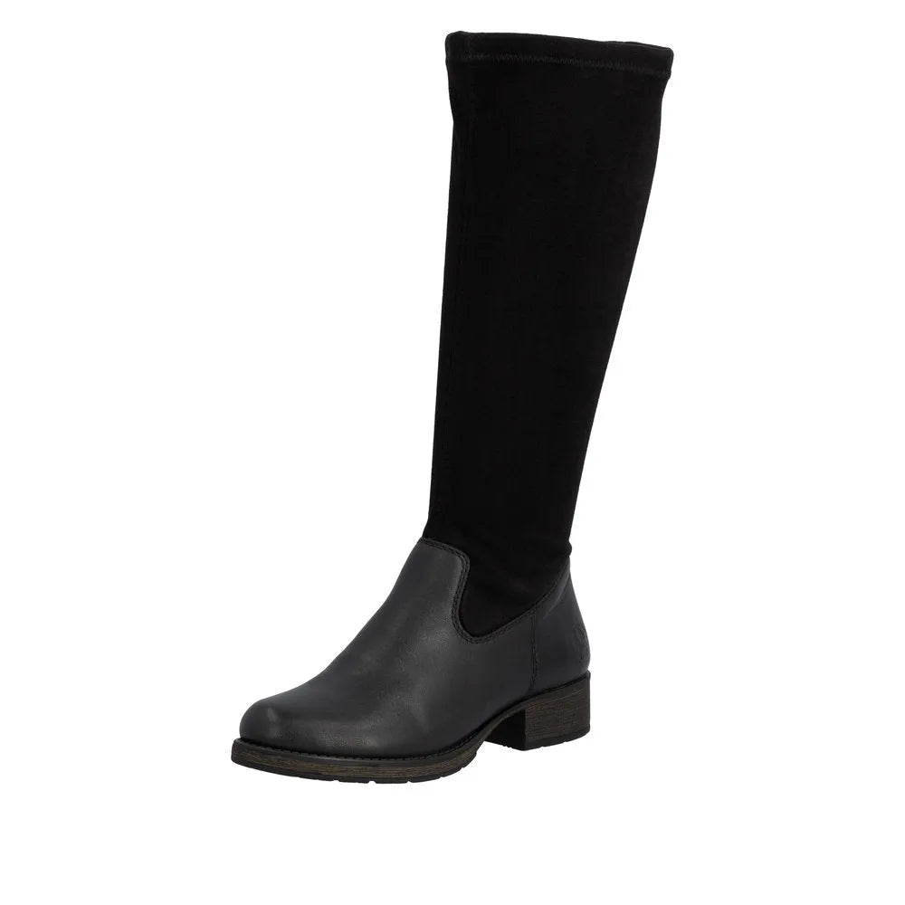 Rieker Z9551-00 women's black knee-high leather boots with side zipper and low block heel.