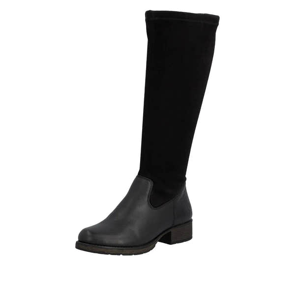 Rieker Z9551-00 women's black knee-high leather boots with side zipper and low block heel.