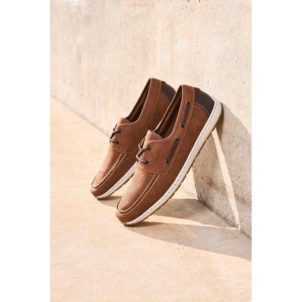 Rieker 08816-24 men's wide brown lace-up casual shoes with perforated detailing and white rubber soles.