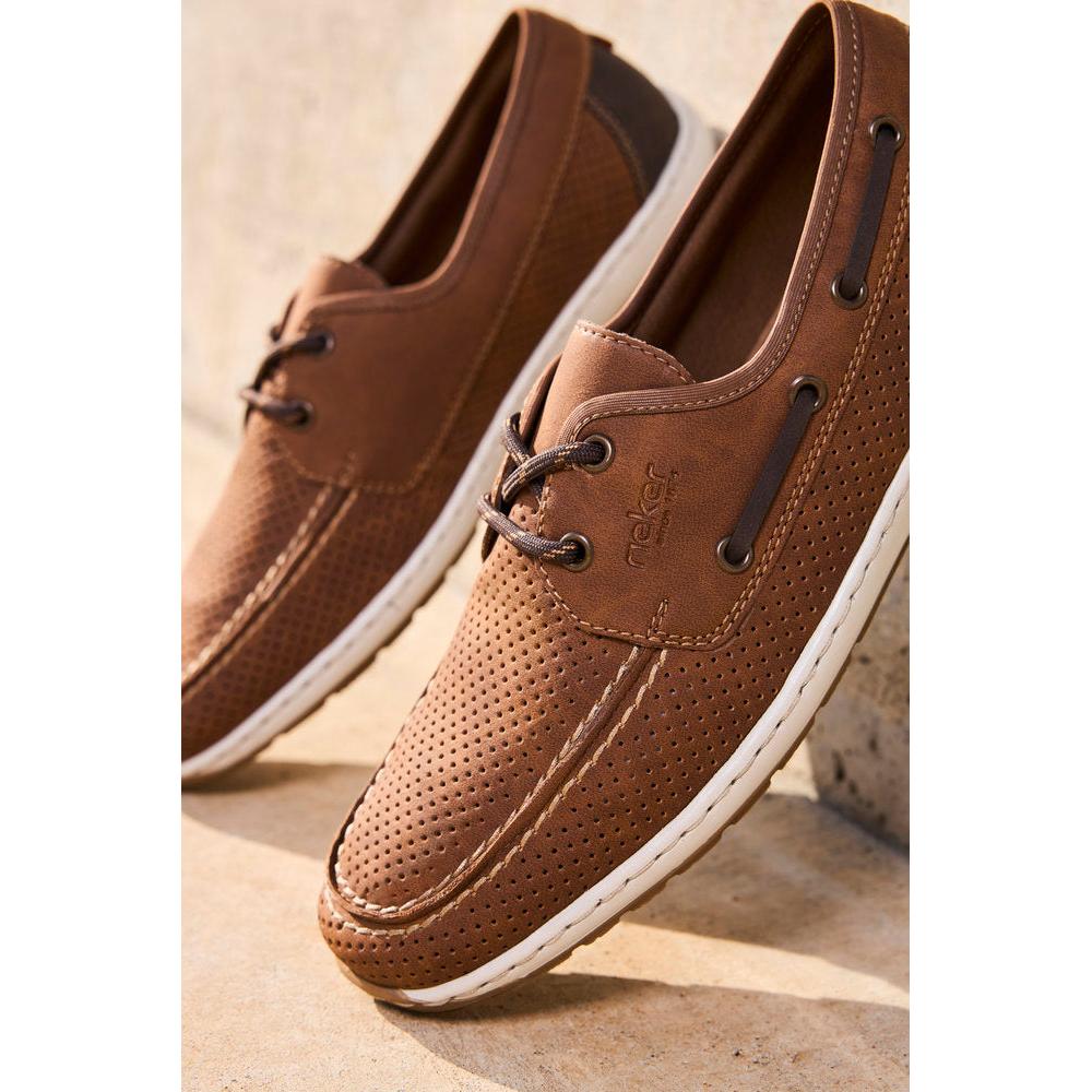 Rieker 08816-24 men's wide moro brown lace-up shoes with perforated detail and white rubber soles.
