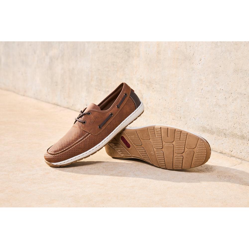 Rieker 08816-24 men's wide brown lace-up shoes with perforated details and white rubber soles.