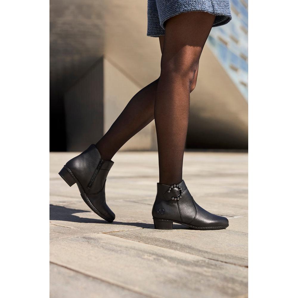 Rieker Y0797-00 Ladies Black Leather Side Zip Ankle Boots