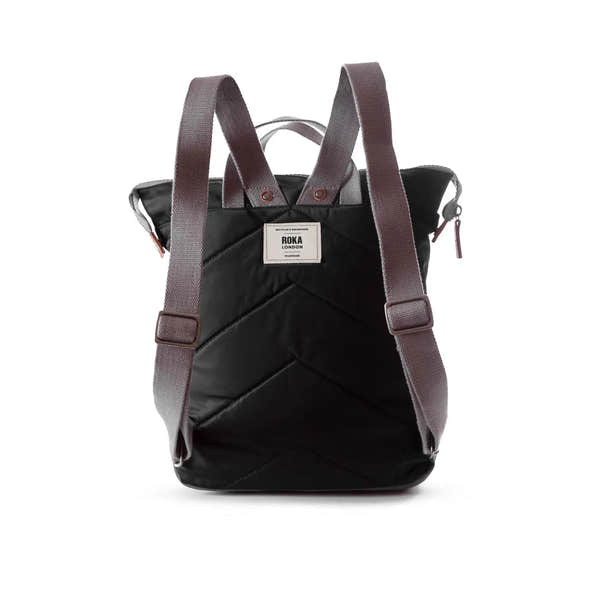 Roka Bantry B Black recycled nylon backpack with adjustable straps and zip closure, eco-friendly design.