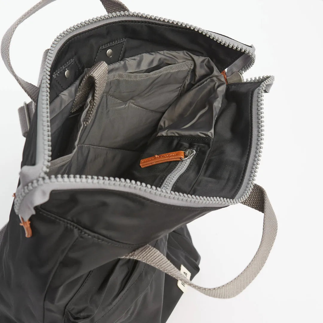 Roka Bantry B Black Recycled Nylon tote bag with multiple interior compartments and zippered pockets, eco-friendly design.