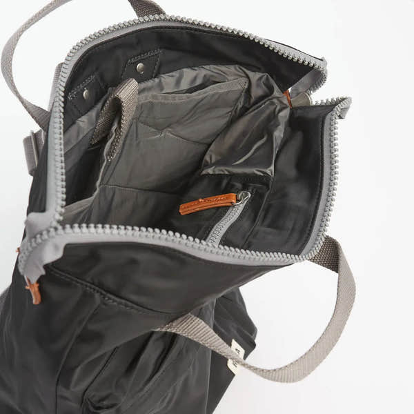 Roka Bantry B Black Recycled Nylon tote bag with multiple interior compartments and zippered pockets, eco-friendly design.