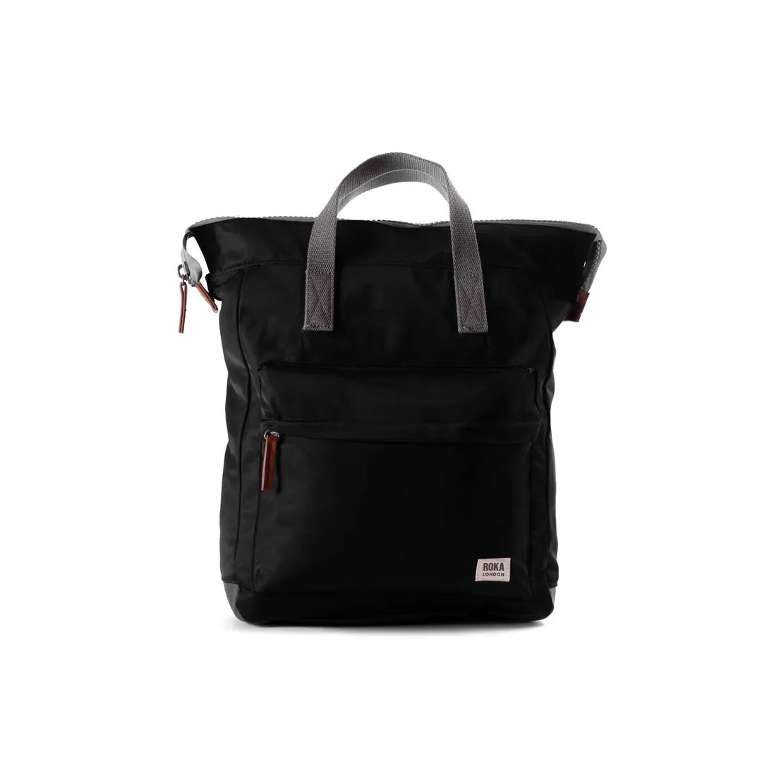 Roka Bantry B Black recycled nylon tote bag with gray handles and multiple zippered pockets, eco-friendly design.