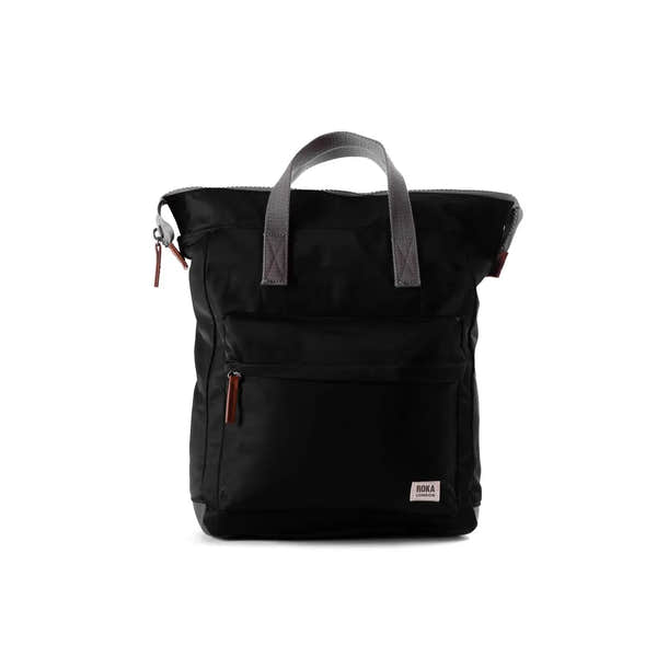 Roka Bantry B Black recycled nylon tote bag with gray handles and multiple zippered pockets, eco-friendly design.