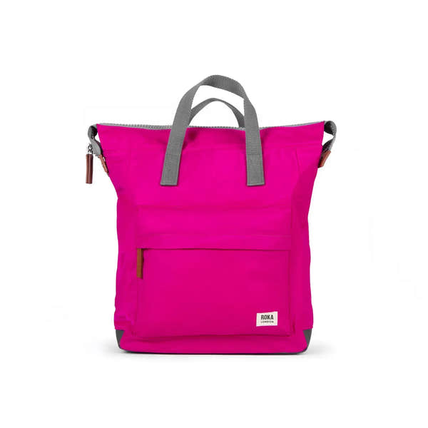 Roka Bantry B Candy recycled nylon tote bag in bright pink with gray handles and front pocket.