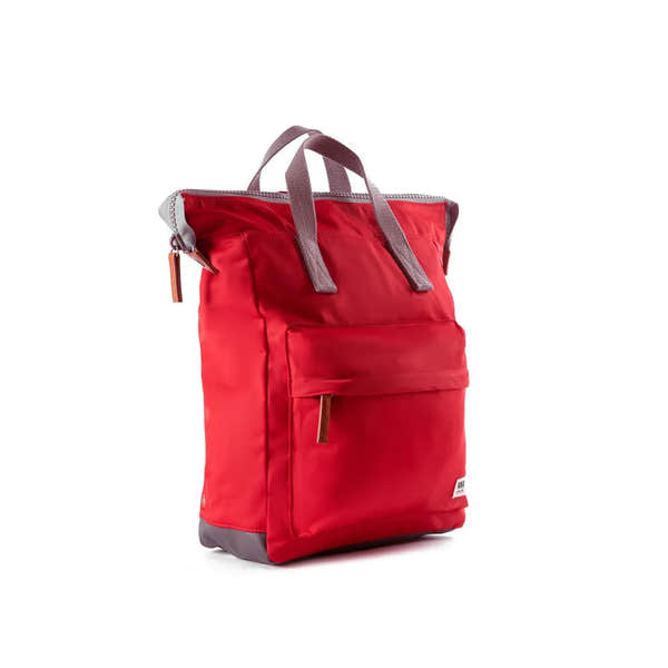Roka Bantry B Cranberry recycled nylon tote bag with front zip pocket and gray handles, eco-friendly design.