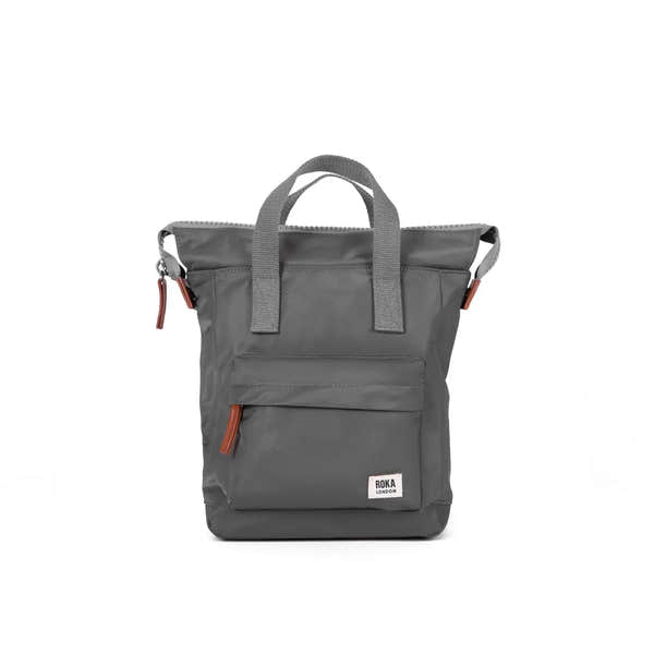 Roka Bantry B Graphite backpack made from recycled nylon, featuring a sleek gray design, multiple zippered compartments, and durable construction.