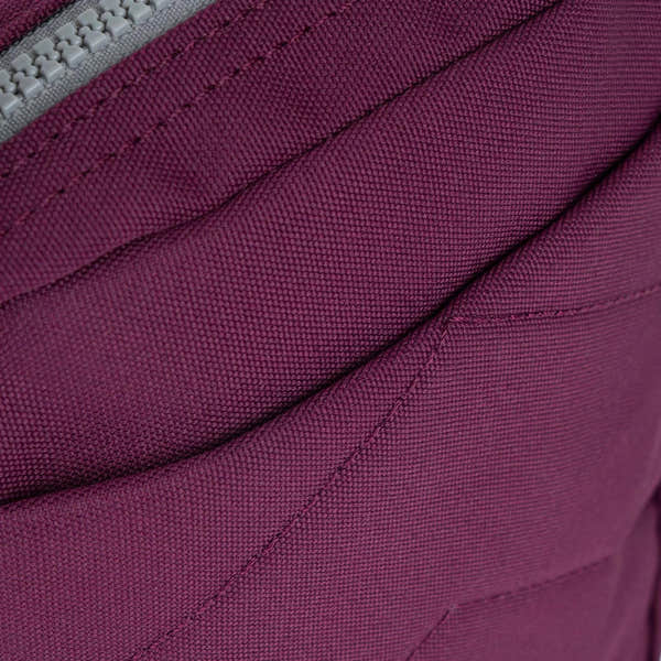 Roka Bond Cherry Lacquer recycled canvas bag, one size, close-up of textured deep red fabric and stitching detail.