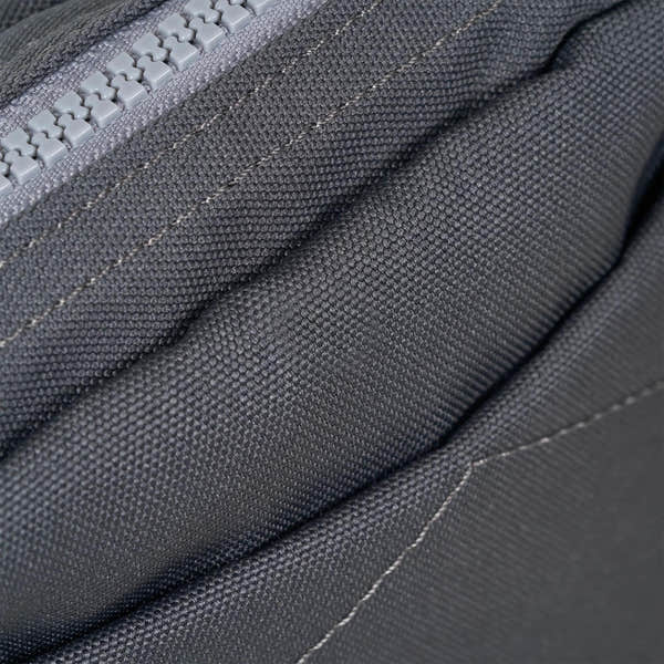 Roka Bond Faded Black recycled canvas tote, one size, close-up of textured black fabric and zipper detail.