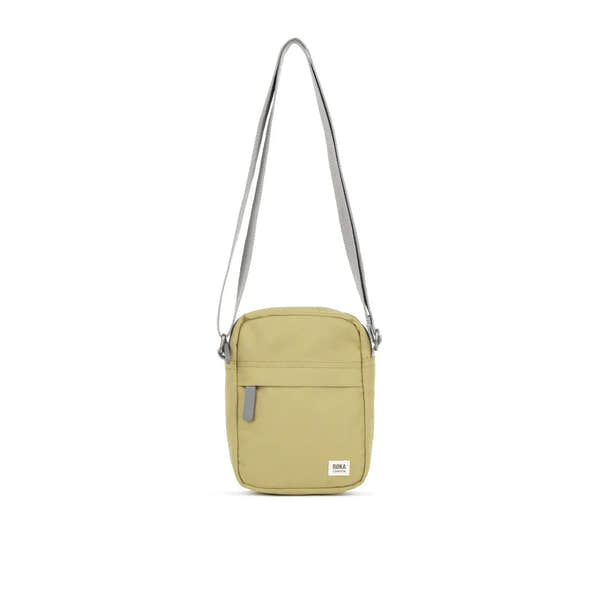 Roka Bond Khaki Recycled Canvas Crossbody Bag with adjustable strap and front zipper pocket, one size, eco-friendly accessory.