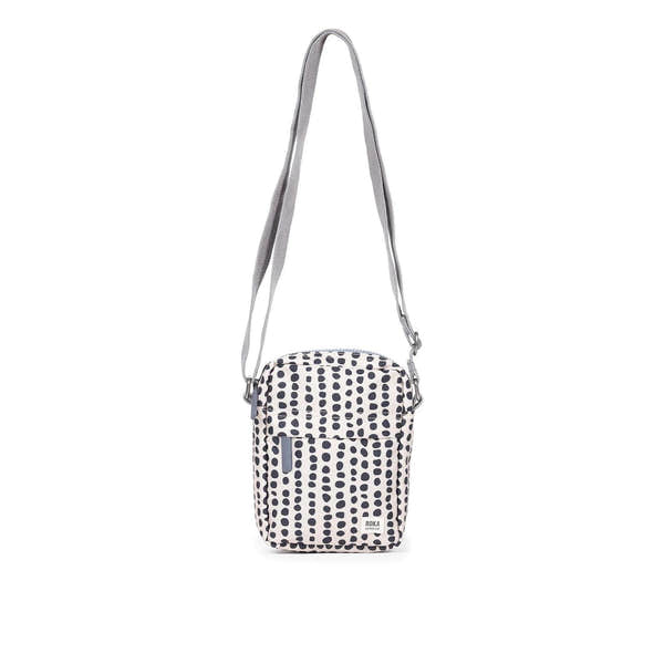 Roka Bond Linear Dot Recycled Canvas Crossbody Bag, one size, black and white dotted pattern, adjustable gray strap.