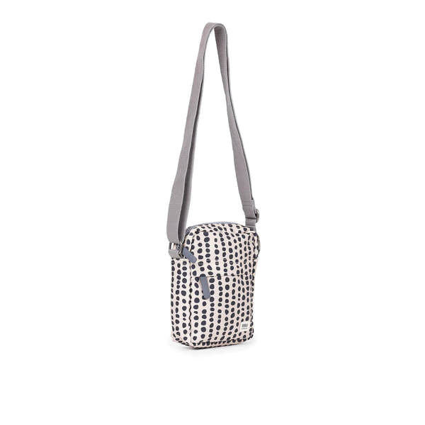 Roka Bond linear dot recycled canvas shoulder bag, one size, with adjustable gray strap and black-and-white dotted pattern.
