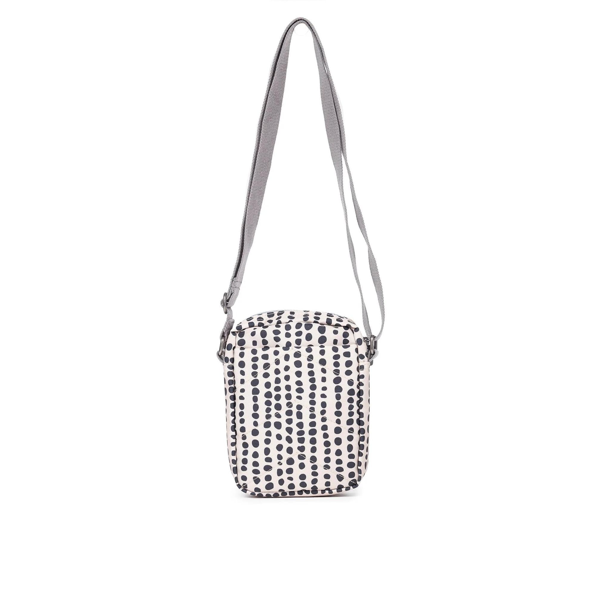 Roka Bond Linear Dot Recycled Canvas Crossbody Bag, one size, with gray adjustable strap and black dotted pattern.