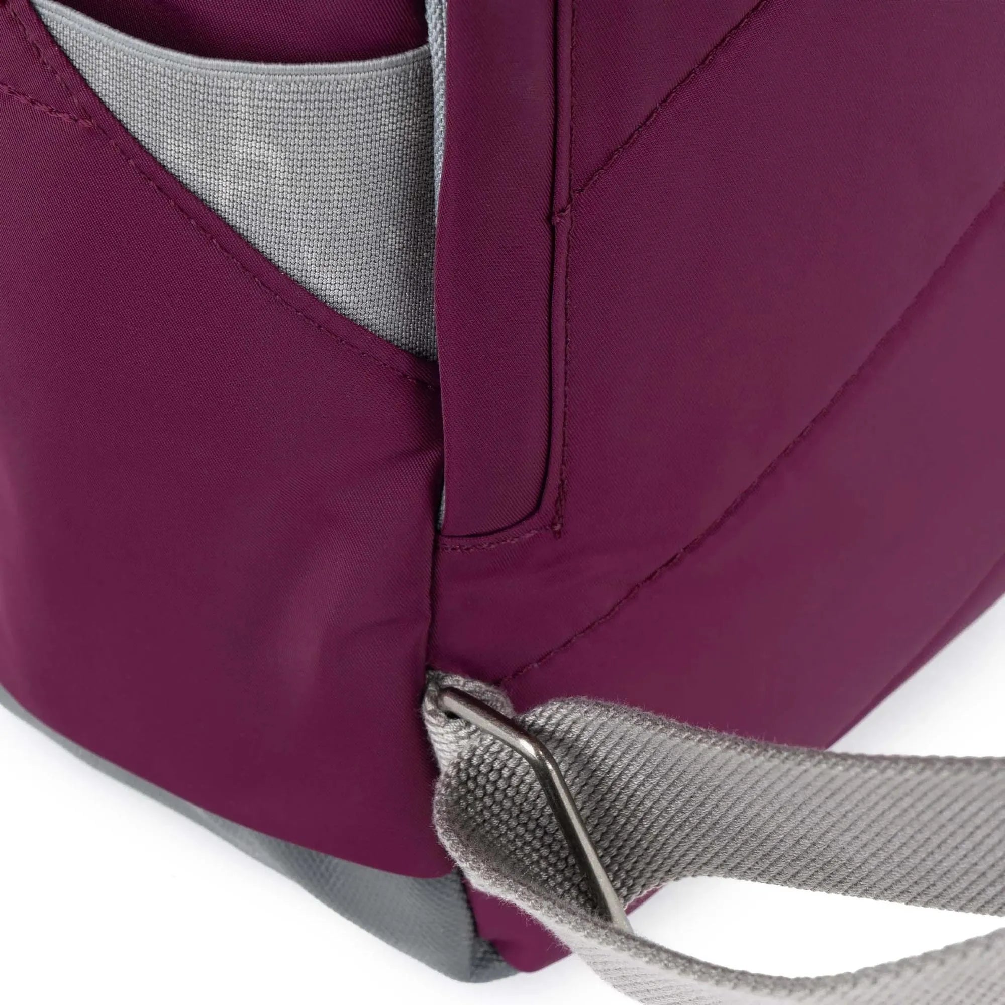 Roka Canfield B Royal Burgundy recycled nylon tote bag with gray strap and hardware, detailed stitching and design.