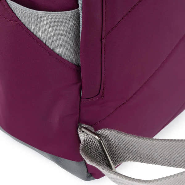 Roka Canfield B Royal Burgundy recycled nylon tote bag with gray strap and hardware, detailed stitching and design.