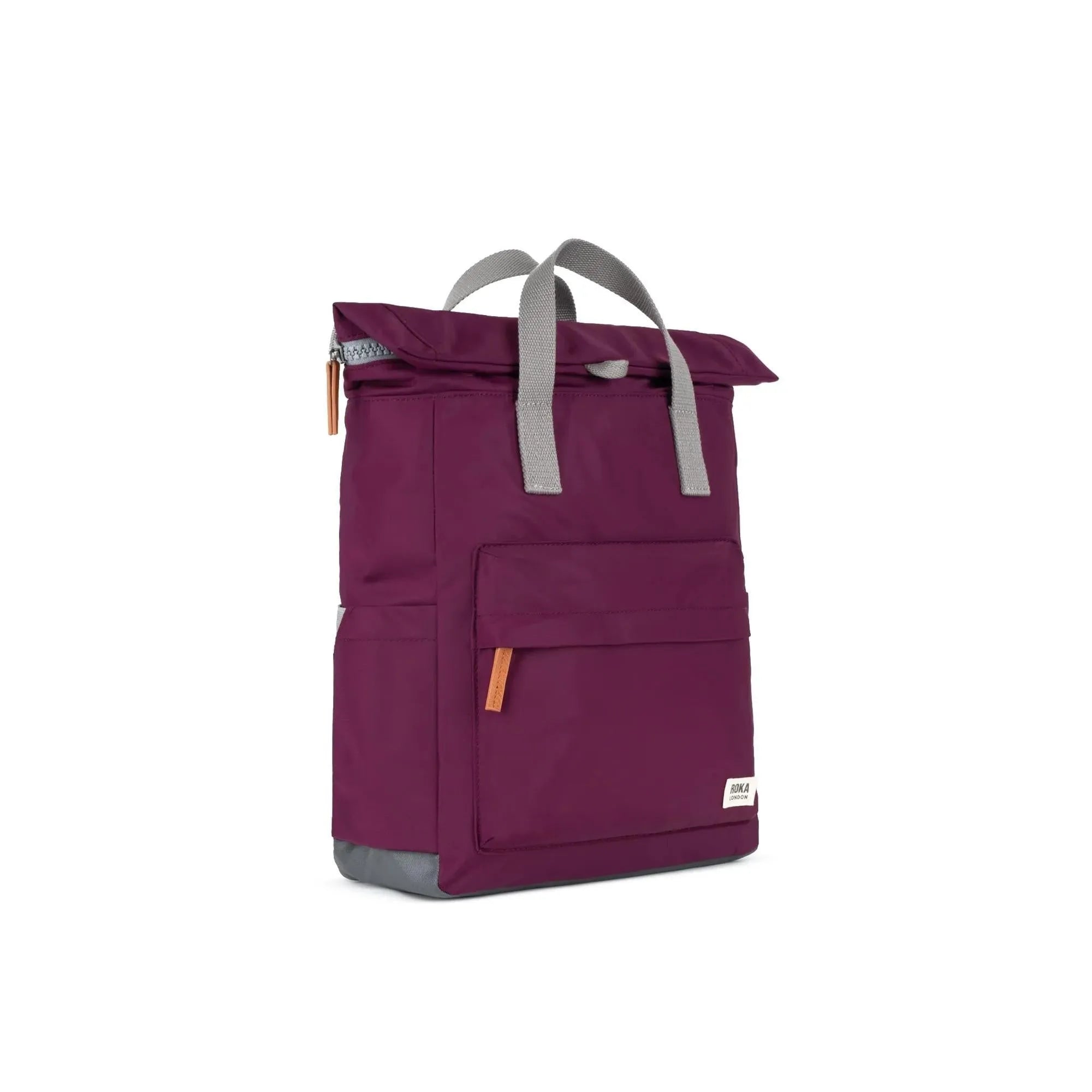 Roka Canfield B Royal Burgundy recycled nylon backpack with gray handles and orange zipper accents.