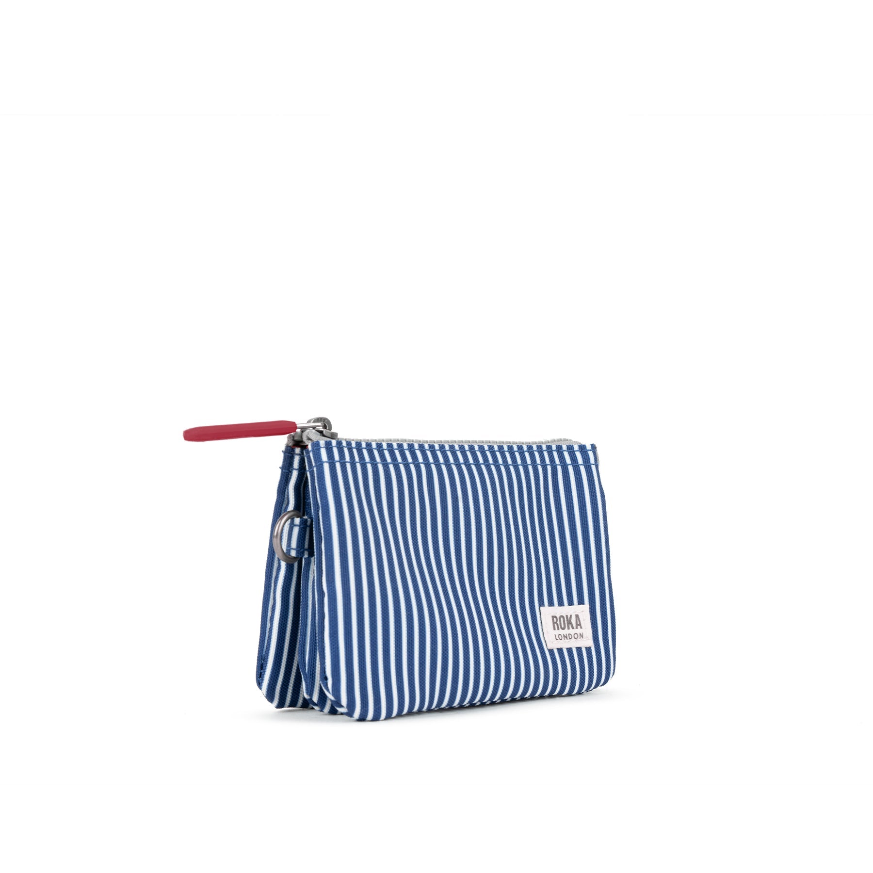 Roka Carnaby Blue Hickory Recycled Canvas bag with striped pattern, silver hardware, and adjustable strap.
