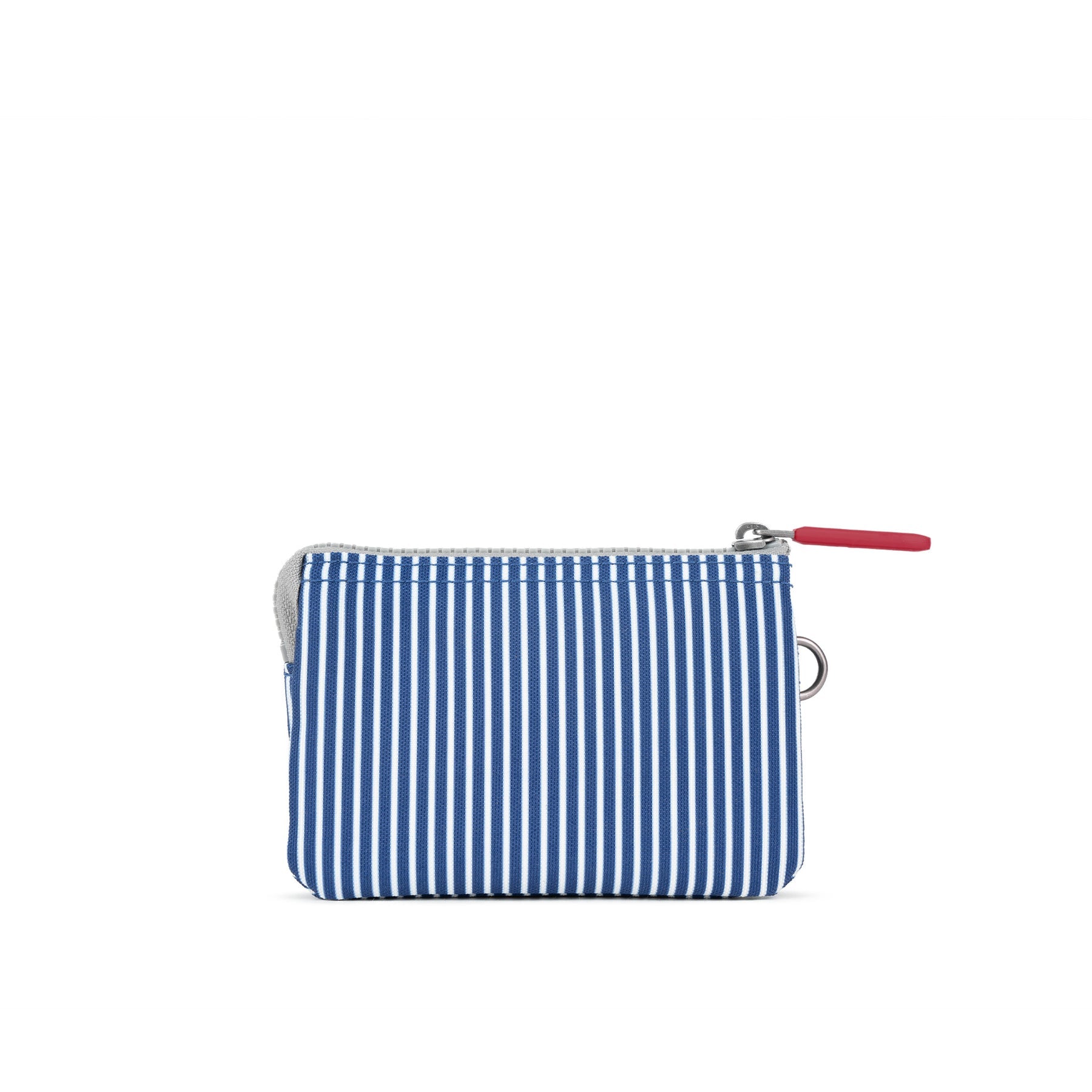 Roka Carnaby Blue Hickory Recycled Canvas zipper pouch with red zipper pull, striped pattern, waterproof, eco-friendly material.