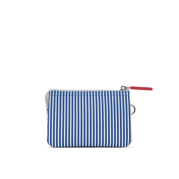 Roka Carnaby Blue Hickory Recycled Canvas zipper pouch with red zipper pull, striped pattern, waterproof, eco-friendly material.