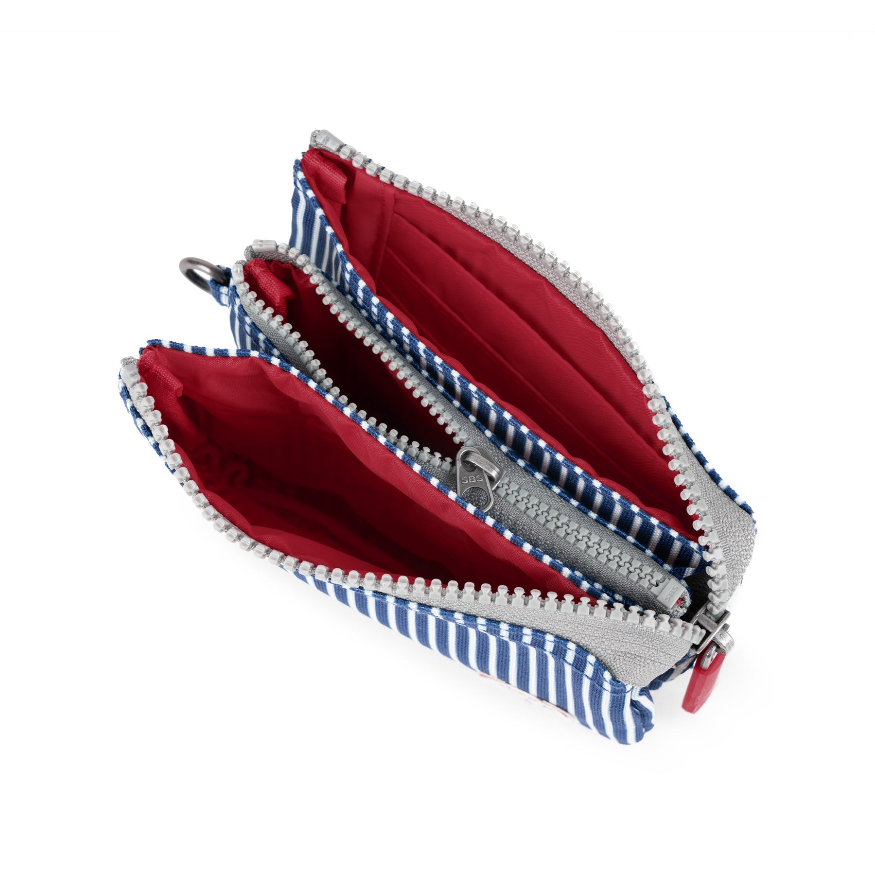 Roka Carnaby Blue Hickory Recycled Canvas organizer with red interior, multiple zip compartments, and striped fabric exterior.
