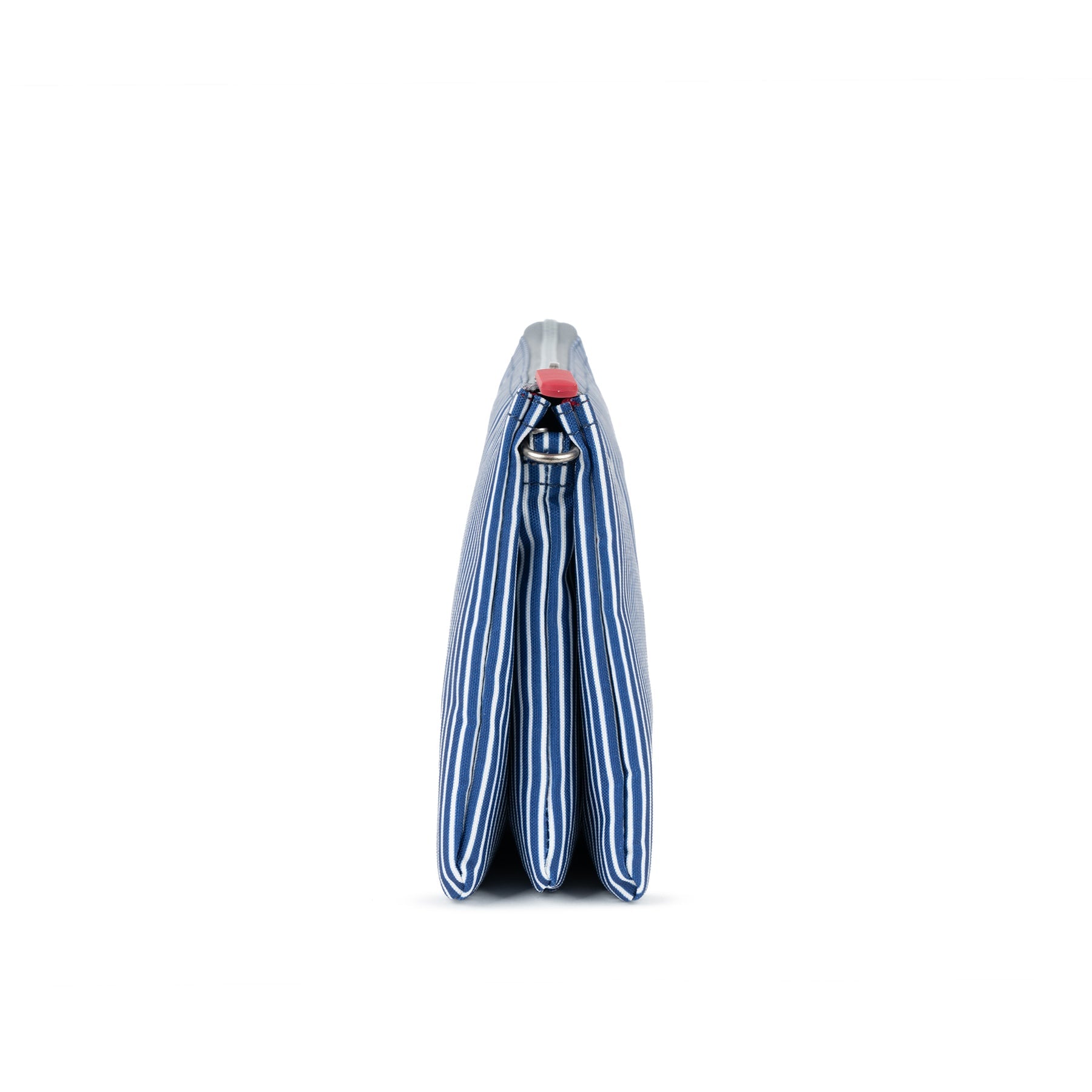 Roka Carnaby Blue Hickory Recycled Canvas tote bag, striped blue fabric, side view, eco-friendly accessory.