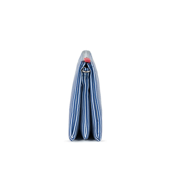 Roka Carnaby Blue Hickory Recycled Canvas tote bag, striped blue fabric, side view, eco-friendly accessory.