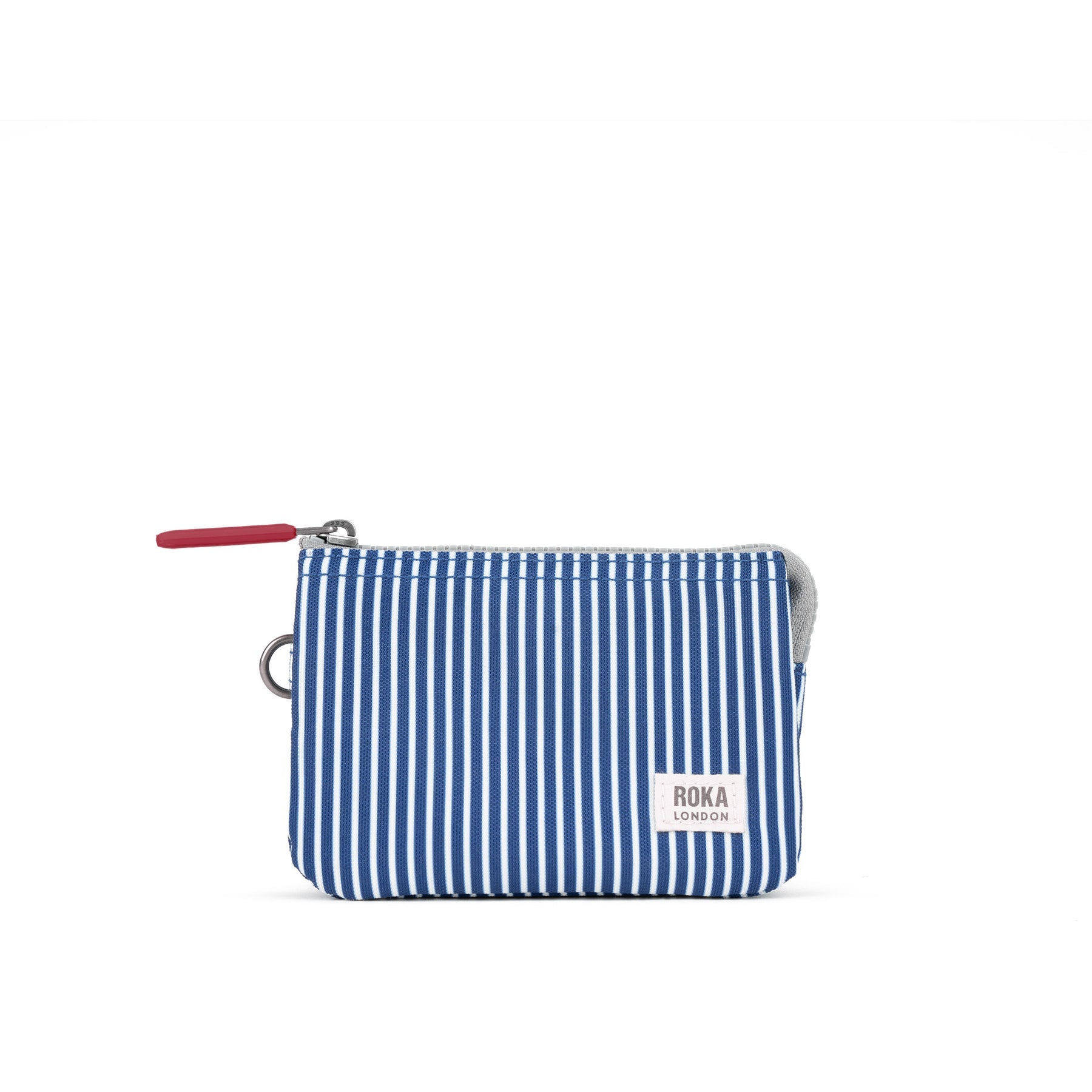 Roka Carnaby blue Hickory recycled canvas pouch with zipper, featuring striped fabric and a Roka London label.