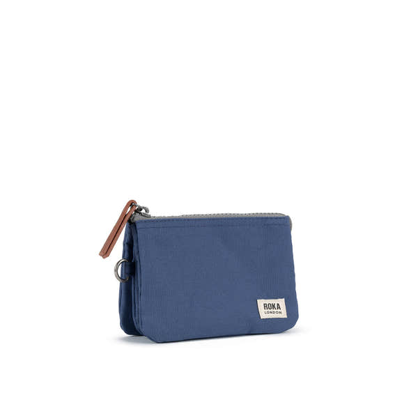 Roka Carnaby Burnt Blue Recycled Canvas pouch with zipper closure and leather pull tab, compact and eco-friendly accessory.