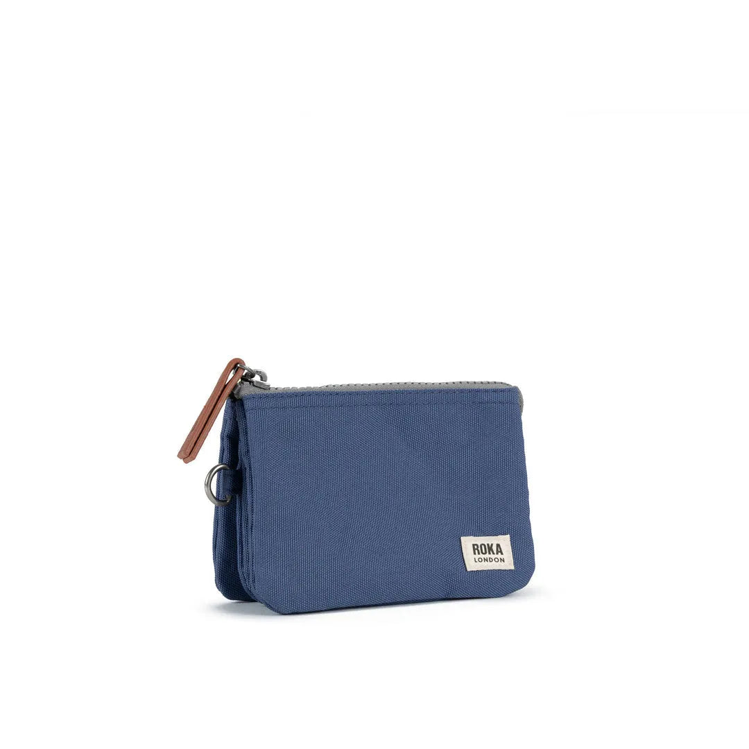Roka Carnaby Burnt Blue Recycled Canvas pouch with zipper closure and leather pull tab, compact and eco-friendly accessory.