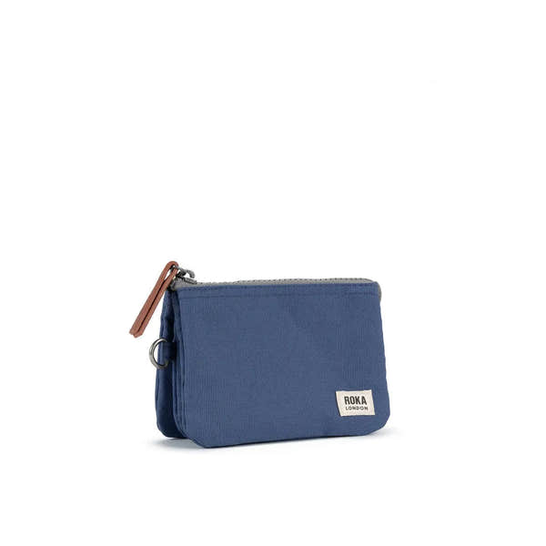 Roka Carnaby Burnt Blue Recycled Canvas pouch with zipper closure and leather pull tab, compact and eco-friendly accessory.