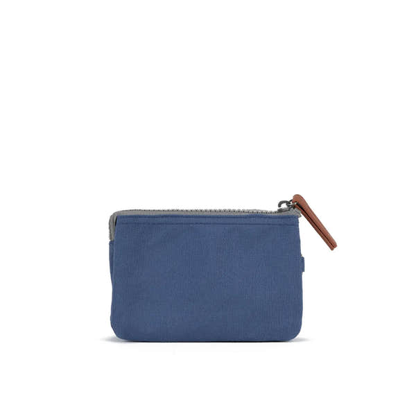 Roka Carnaby Burnt Blue Recycled Canvas compact zip pouch with leather zipper pull, eco-friendly design, and textured fabric.