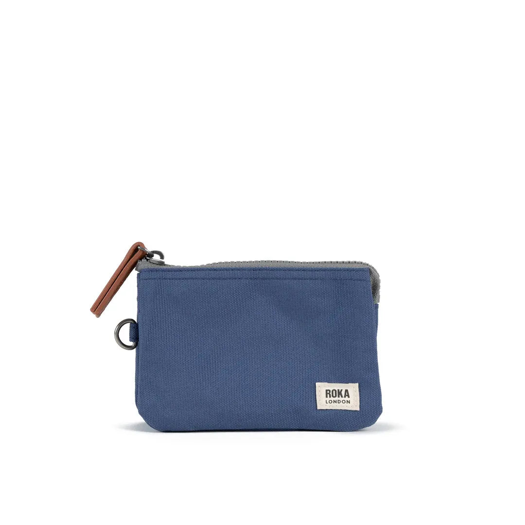 Roka Carnaby Burnt Blue Recycled Canvas small zip pouch with leather zipper pull and branded logo tag.