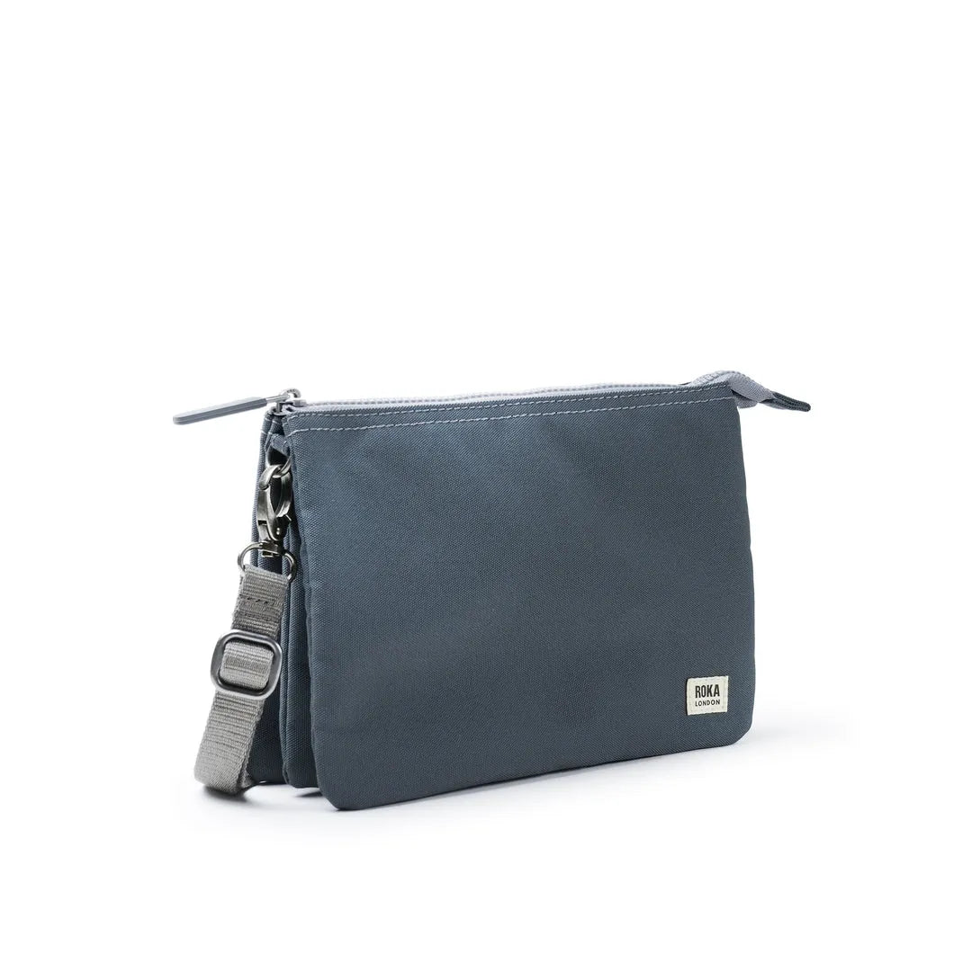 Roka Carnaby Crossbody Bag in Smoke XL recycled canvas, compact design with adjustable strap and zip closure.