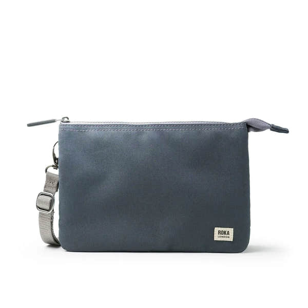Roka Carnaby Crossbody Bag in Smoke XL recycled canvas with adjustable strap and front logo patch.
