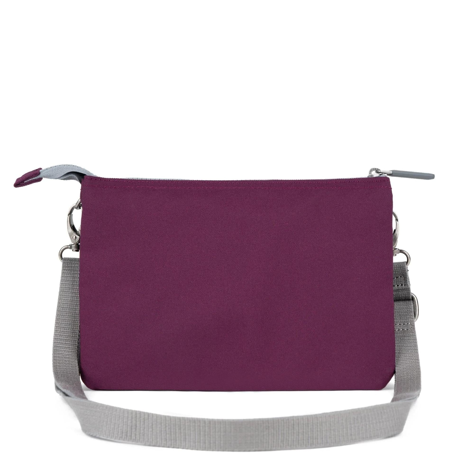 Roka Carnaby Crossbody XL bag in cherry lacquer recycled canvas with gray strap and silver hardware, extra large size.