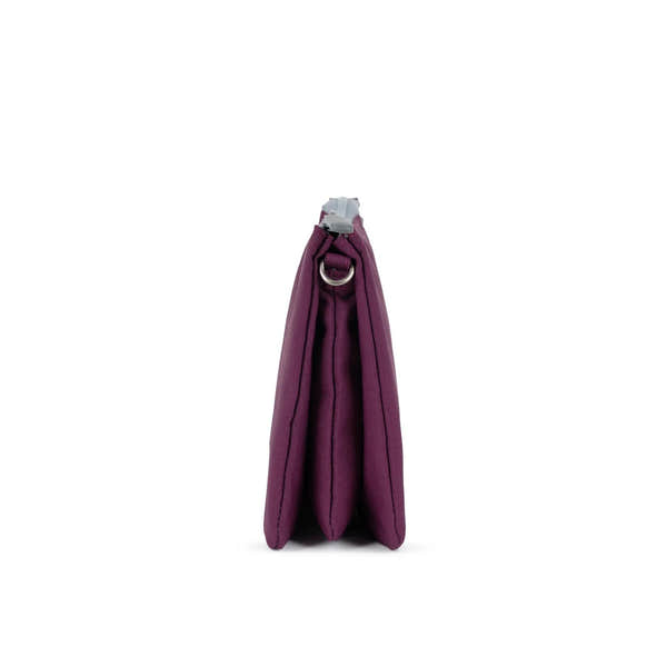 Roka Carnaby Crossbody XL Cherry Lacquer Recycled Canvas bag, side view with metal D-ring, in deep cherry color.