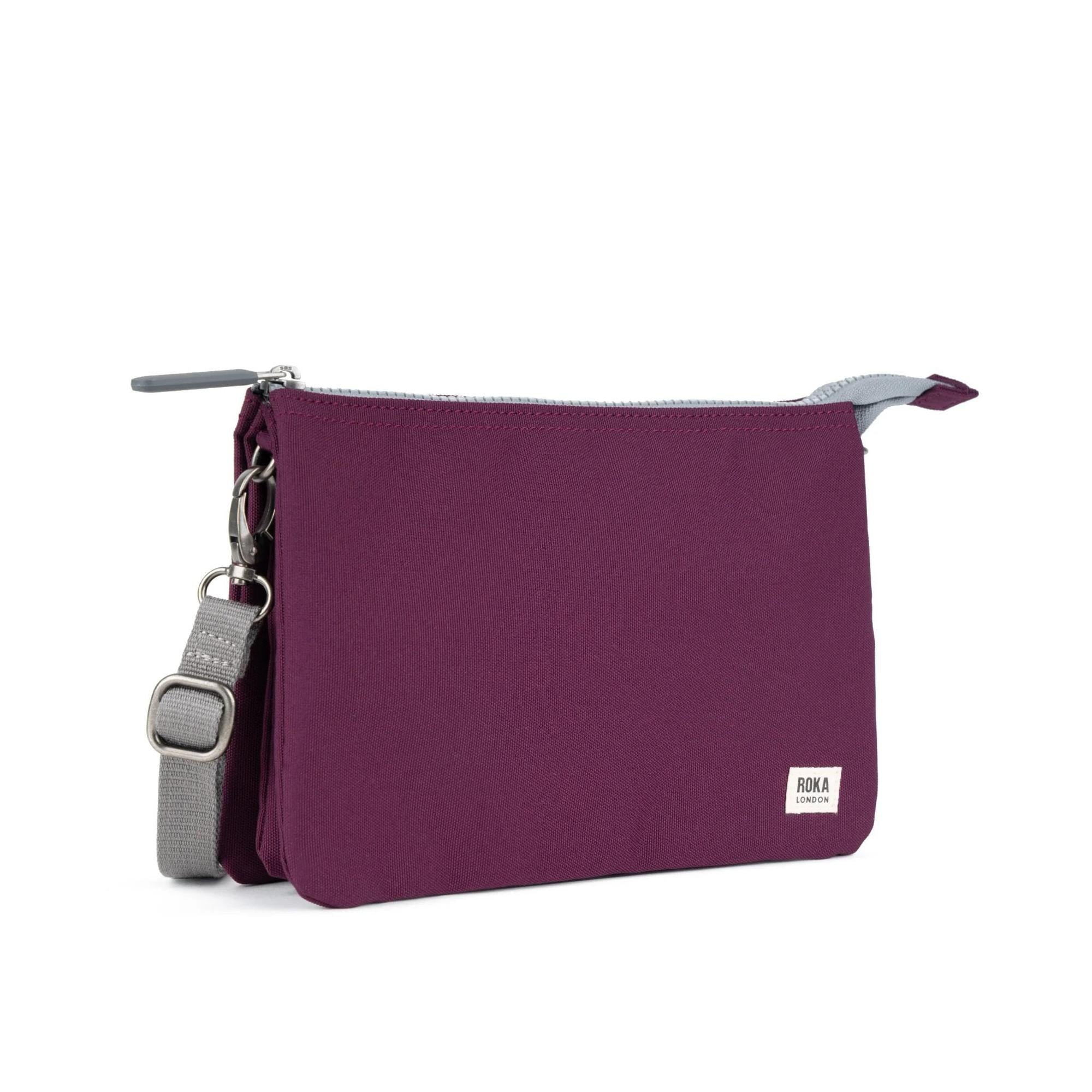 Roka Carnaby Crossbody XL bag in cherry lacquer recycled canvas, oversized design with silver hardware and adjustable strap.