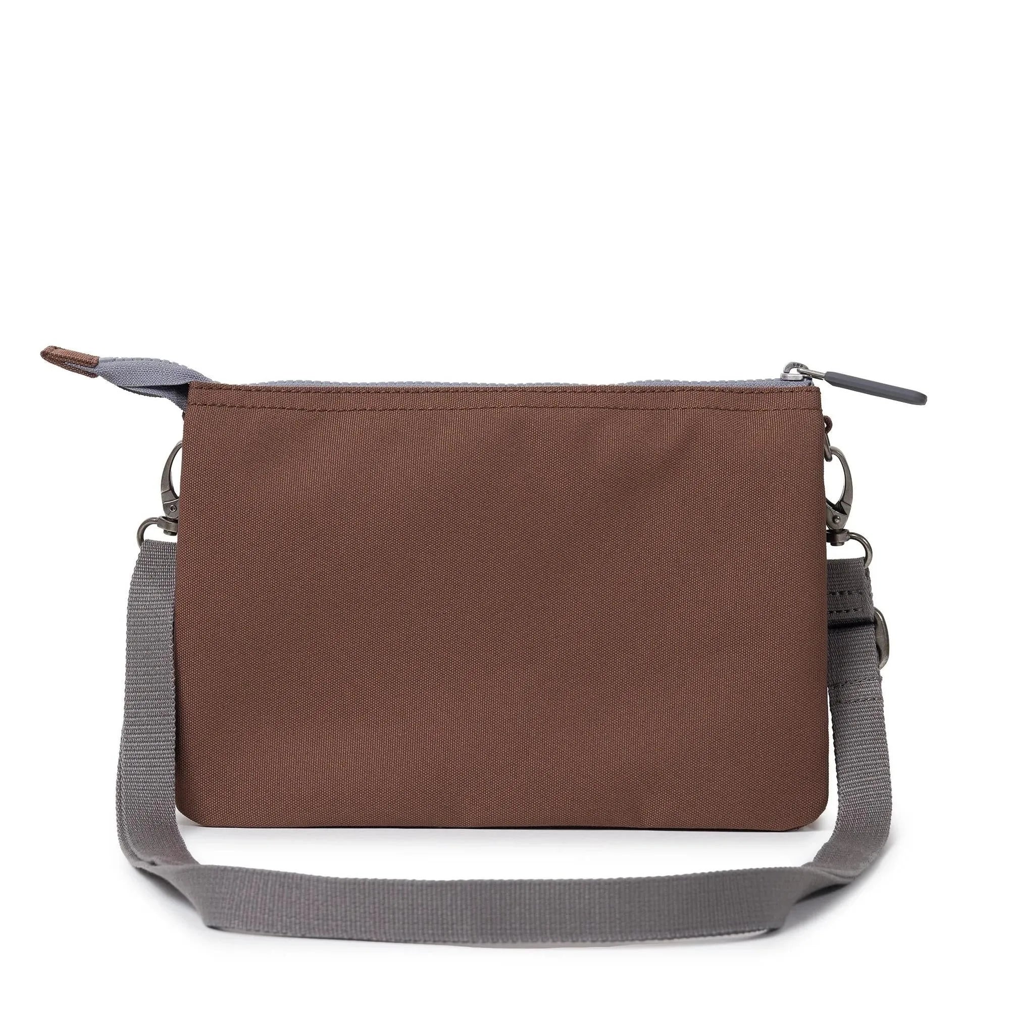 Roka Carnaby Crossbody XL bag in coco recycled canvas with adjustable gray strap and zip closure.