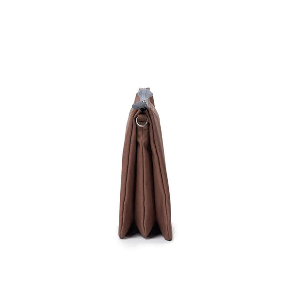 Roka Carnaby Crossbody XL Coco Recycled Canvas bag, large brown, eco-friendly, with silver hardware, side view.