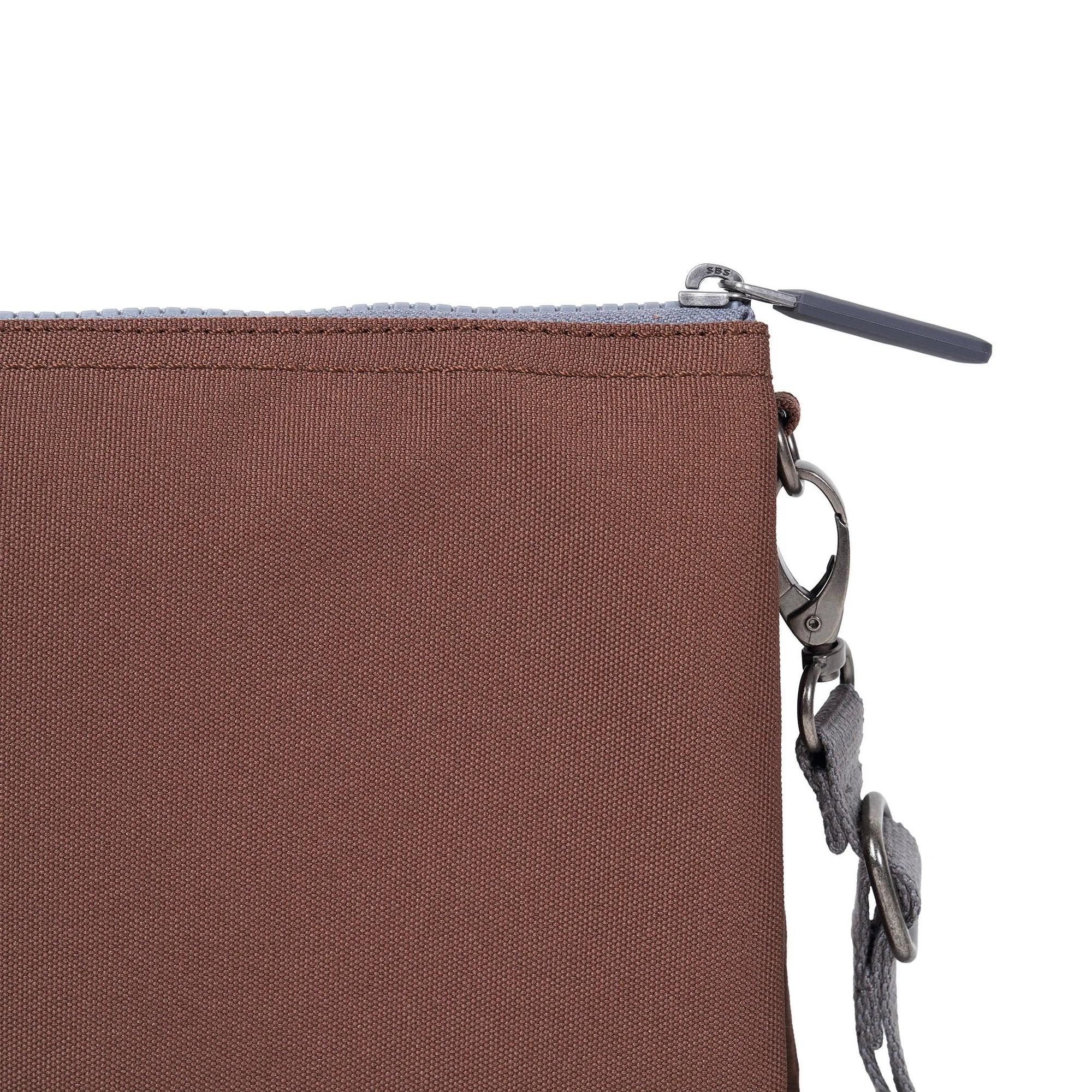 Roka Carnaby Crossbody XL bag in Coco recycled canvas, extra-large size, with zip closure and silver hardware.